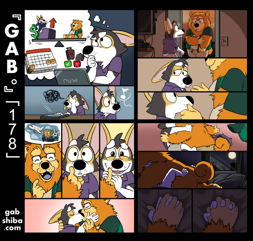 aircraft airplane anthro bed black_nose building business_suit calendar canid canine canis chow_chow clothed clothing comic computer dim_lighting discarded_clothing dollar_sign domestic_dog duo eye_contact eyebrows fangs from_front_position fur furniture gabshiba hand_holding hand_on_face herding_dog house inside kissing korg_(gabshiba) laptop looking_at_another looking_at_computer looking_at_laptop looking_at_object lying lying_on_bed male mammal missionary_position multicolored_body multicolored_fur night on_back on_bed orange_body orange_fur pastoral_dog pensive pictographics pouting purple_tongue romantic_ambiance romantic_couple sad sex sitting_on_chair solo sparkling_eyes spitz suit sunset text thick_eyebrows thought_bubble tongue undressing_partner url wang_chow wearing_glasses weighing_scale welsh_corgi white_body white_fur window yellow_body yellow_fur