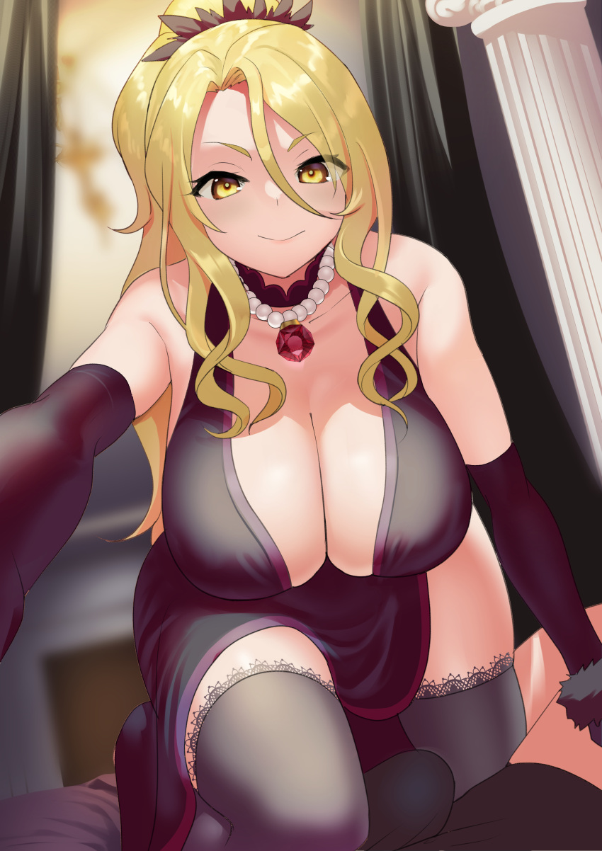 1boy 1girl absurdres bare_shoulders black_dress black_legwear blonde_hair breasts christina_(princess_connect!) cleavage closed_mouth dress elbow_gloves erection erection_under_clothes gloves hair_between_eyes hetero highres jewelry large_breasts licking_lips long_hair looking_at_viewer muunyan_(yumenekoya) naughty_face necklace pearl_necklace pov princess_connect! princess_connect!_re:dive solo_focus thighhighs tongue tongue_out yellow_eyes