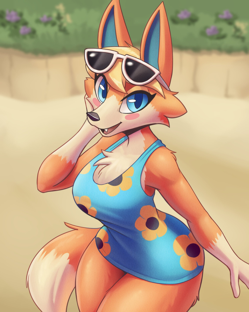 absurd_res animal_crossing anthro audie_(animal_crossing) blonde_hair blue_eyes blush blush_stickers breasts canid canine canis chest_tuft clothed clothing cooliehigh cute_fangs detailed_background dipstick_tail dress eyelashes eyewear eyewear_on_head female fully_clothed fur gloves_(marking) hair hand_on_face hi_res high-angle_view looking_at_viewer looking_up mammal markings multicolored_tail nintendo open_mouth orange_body orange_fur outside portrait sand smile solo sunglasses sunglasses_on_head three-quarter_portrait tongue tuft video_games wolf