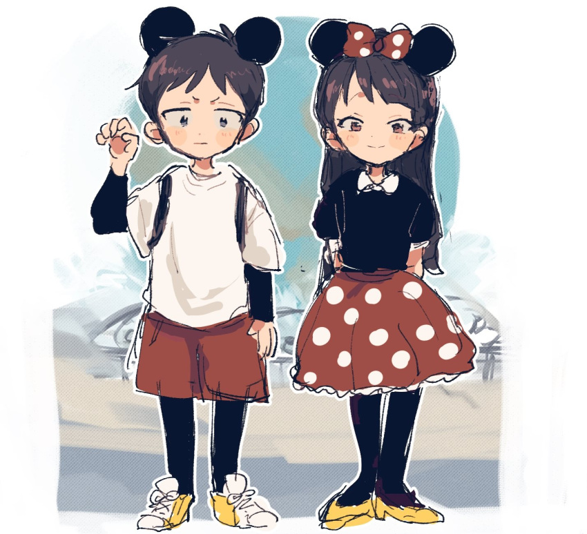 1boy 1girl animal_ears black_hair bow cosplay disney highres layered_skirt long_hair mickey_mouse mickey_mouse_(cosplay) mickey_mouse_ears minnie_mouse minnie_mouse_(cosplay) minnie_mouse_ears mouse_ears nojiko_(natumag) polka_dot polka_dot_skirt short_hair shorts skirt smile south_park stan_marsh wendy_testaburger