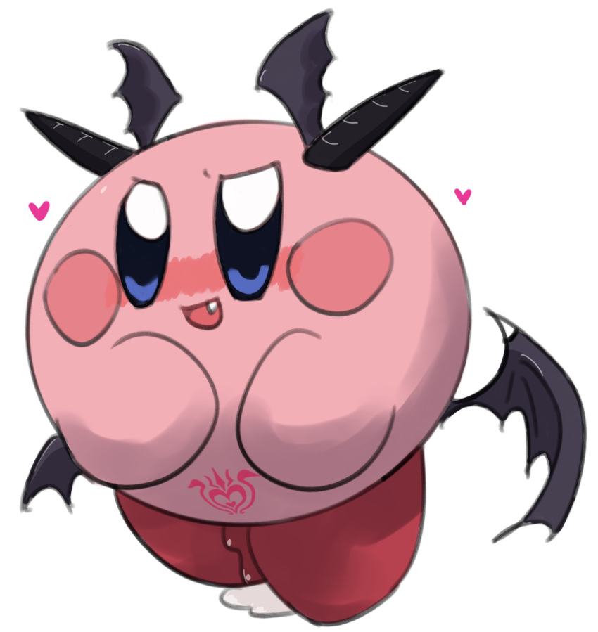 &lt;3 bat_wings blue_eyes blush bodily_fluids crossgender fangs female genital_fluids hi_res horn kirby kirby_(series) leg_markings markings membrane_(anatomy) membranous_wings mtf_crossgender nintendo open_mouth pink_body poi_(artist) pubic_tattoo pussy_juice red_markings socks_(marking) solo succubus tattoo video_games waddling_head wings wings_on_head womb_tattoo