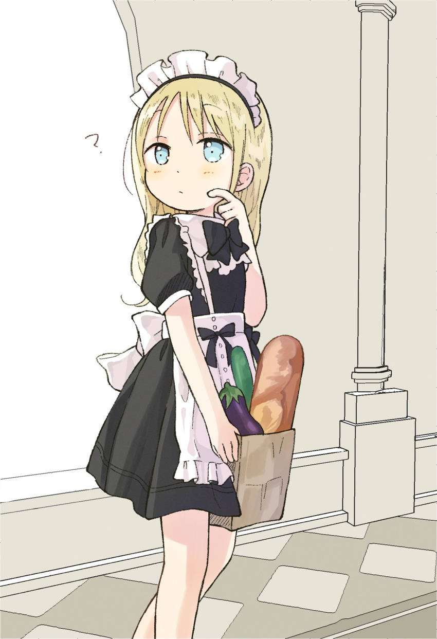 1girl ? alternate_costume ana_coppola apron aqua_eyes bag baguette black_dress blonde_hair blush bread cucumber dress eggplant enmaided finger_to_mouth food frilled_apron frills groceries grocery_bag hallway highres holding holding_bag ichigo_mashimaro indoors long_hair maid maid_apron maid_headdress nanoningen_(anapoko) paper_bag shopping_bag solo standing waist_apron white_apron