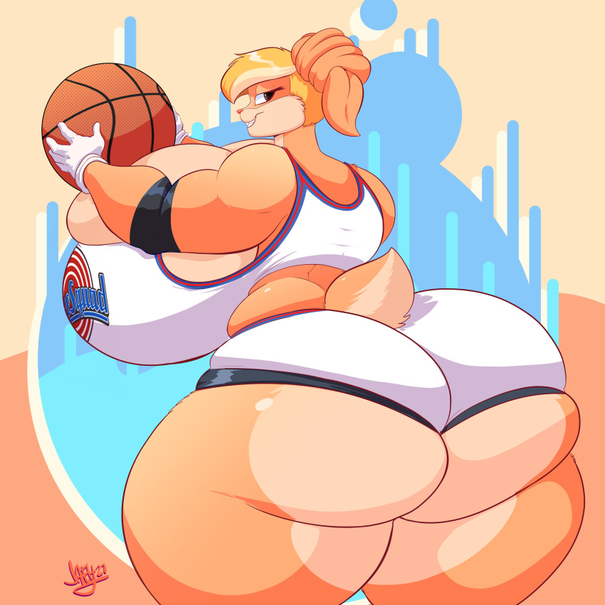 absurd_res anthro ball basketball_(ball) big_breasts big_butt blonde_hair breasts butt female hair hi_res huge_breasts huge_butt hyper hyper_breasts jaeh lagomorph leporid lola_bunny looney_tunes mammal rabbit solo thick_thighs warner_brothers