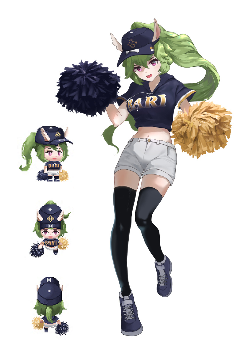 absurdres alpaca_ears alternate_costume animal_ears bangs baseball_cap black_legwear cheerleader commentary concept_art crossed_bangs frs green_hair guardian_tales hand_up hat highres long_hair looking_at_viewer mayreel_(guardian_tales) navel open_mouth pink_eyes pixel_art pom_poms ponytail shoes shorts sneakers white_background