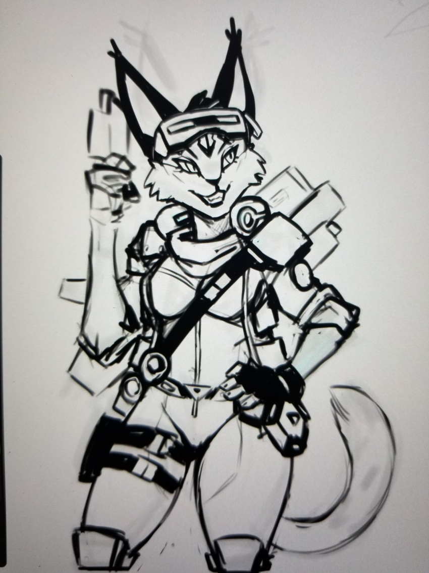 anthro black_and_white ear_piercing ear_ring eyewear felid feline female flight_suit goggles goggles_on_head gun hi_res ionmeta lynx mammal medium_hair miyu_lynx monochrome nintendo piercing ranged_weapon sketch smile smirk solo star_fox video_games weapon