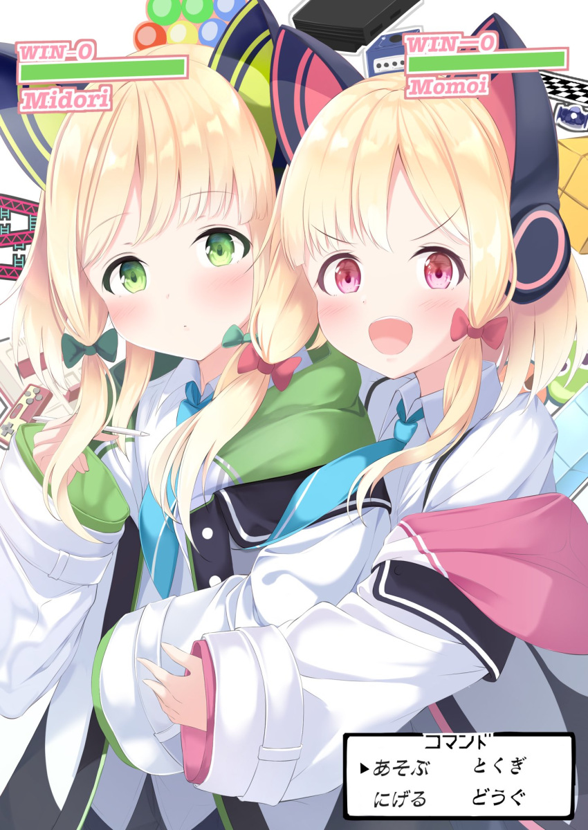 2girls blonde_hair blue_archive blush cat_ear_headphones commentary_request emimeku green_eyes headphones highres jacket looking_at_viewer midori_(blue_archive) momoi_(blue_archive) multiple_girls necktie open_mouth portrait red_eyes school_uniform short_hair siblings translation_request twins