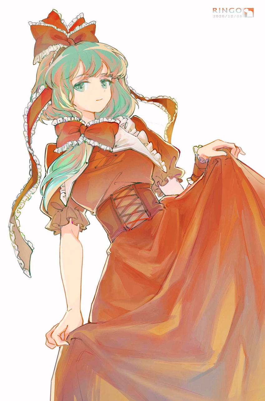 1girl absurdres artist_name bow breasts corset dress feet_out_of_frame frills front_ponytail green_eyes green_hair hair_bow highres kagiyama_hina large_breasts light_smile long_hair looking_at_viewer red_bow red_dress ringo_orihara simple_background solo touhou white_background