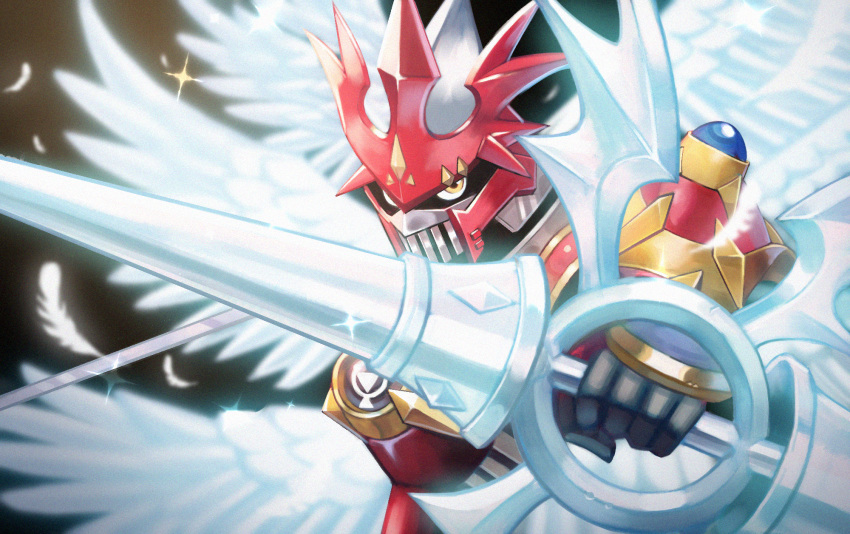 armor brown_background commentary_request digimon digimon_(creature) digital_hazard dukemon dukemon_crimson_mode falling_feathers feathered_wings feathers glint gradient gradient_background highres holding holding_lance holding_polearm holding_weapon knight lance polearm shoulder_armor simple_background solo upper_body weapon white_feathers white_wings wings yellow_eyes ziu