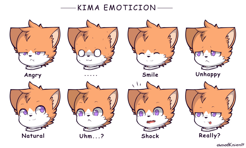 absurd_res angry anthro biped black_nose cheek_tuft eyes_closed facial_tuft fur hair half-closed_eyes hi_res inner_ear_fluff kimacats male multicolored_body multicolored_fur multiple_images narrowed_eyes open_mouth orange_body orange_fur orange_hair purple_eyes sad shocked simple_eyes smile solo tongue tongue_out tuft two_tone_body two_tone_fur white_body white_eyes white_fur young
