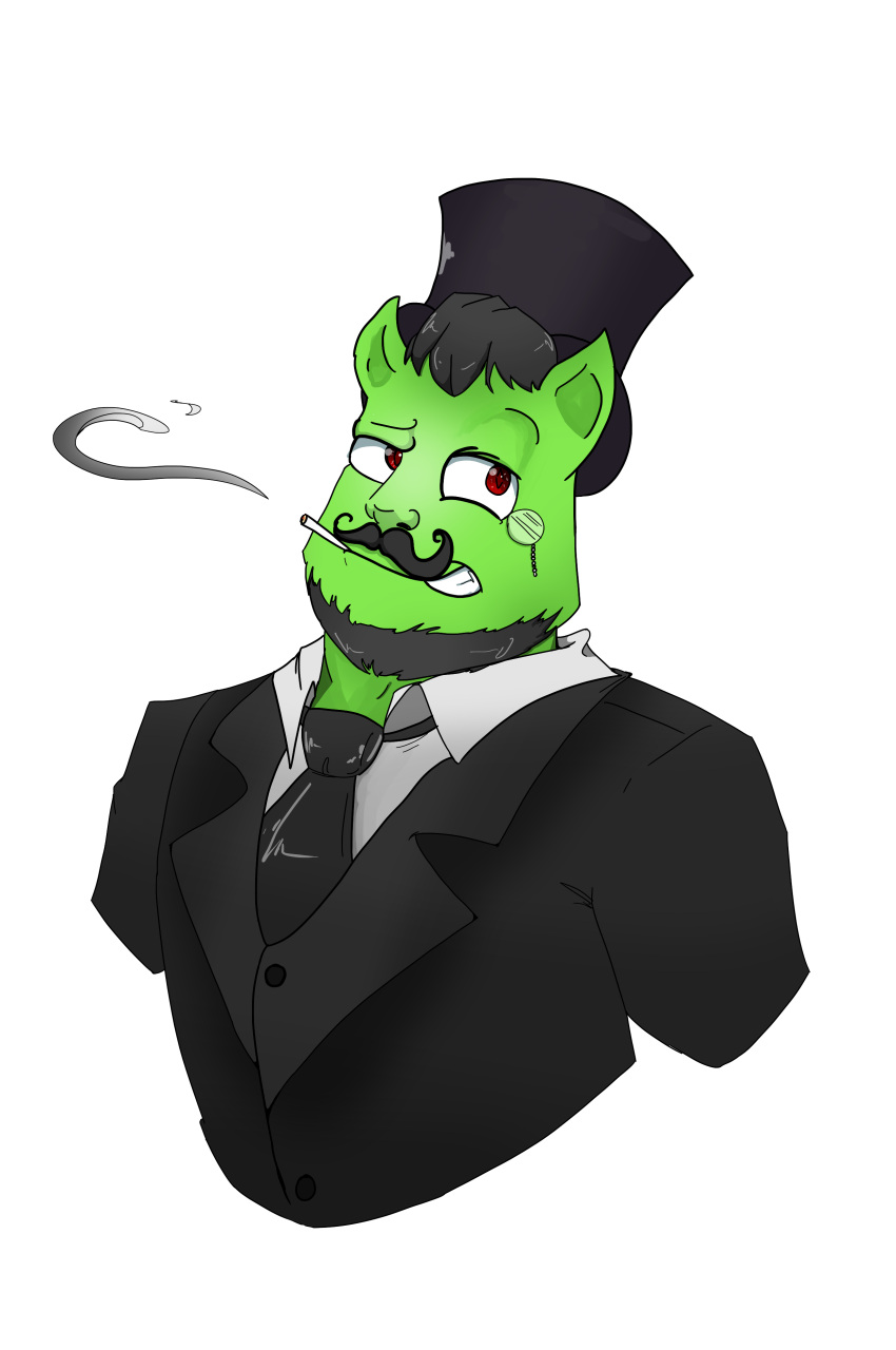 absurd_res alpha_channel black_clothing black_hat black_headwear clothed clothing evgenii_volnov facial_hair green_body green_skin hat headgear headwear hi_res humanoid male mustache necktie not_furry red_eyes sadovod-ogorod smoke solo