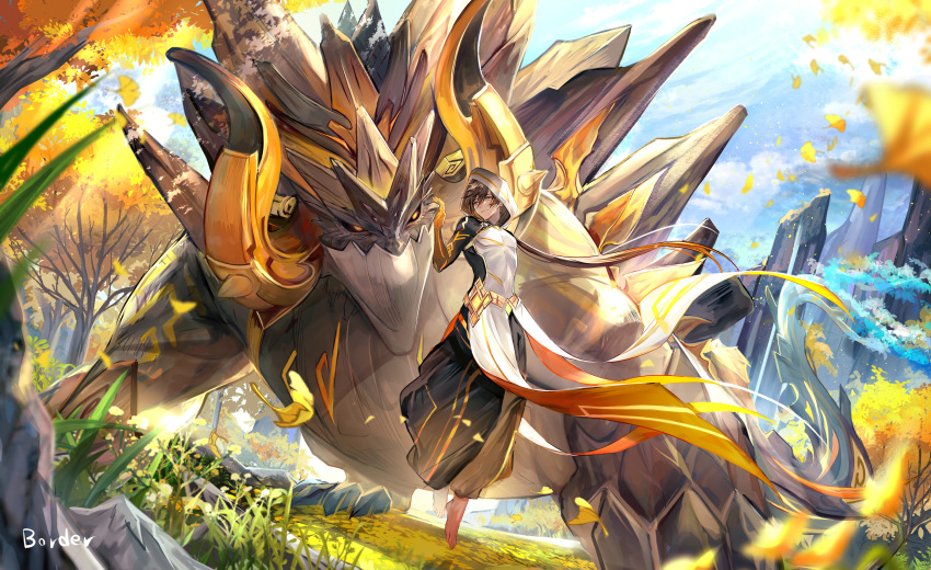 1boy absurdres alternate_costume arm_tattoo azhdaha_(genshin_impact) baggy_pants bangs bare_shoulders barefoot blurry blurry_foreground border0715 brown_hair closed_mouth cloud cloudy_sky coat commentary_request day dragon_horns falling_leaves floating full_body genshin_impact ginkgo_leaf gradient_hair grass hair_between_eyes highres hood hood_up hooded_coat horns huge_filesize leaf long_hair looking_at_another male_focus mountain multicolored_hair orange_hair outdoors pants ponytail rock sky sleeveless smile tattoo tree white_coat yellow_eyes zhongli_(genshin_impact)