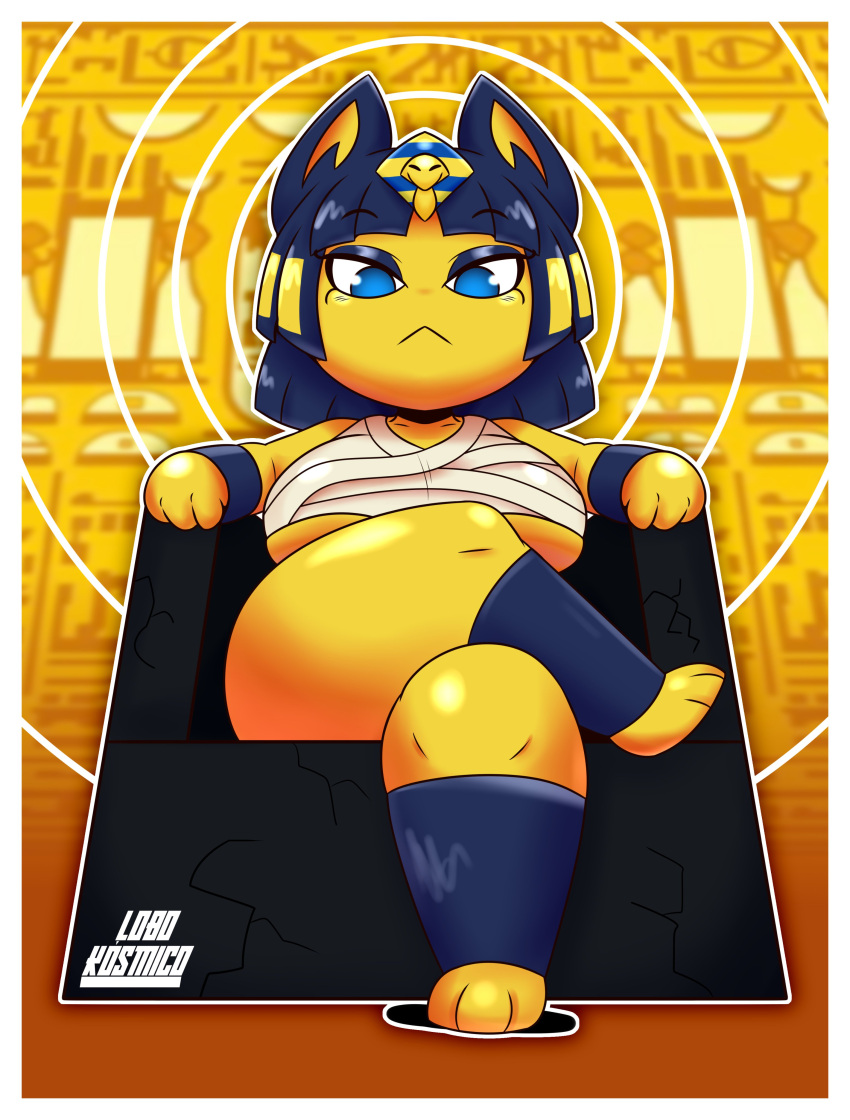 2021 :&lt; absurd_res animal_crossing ankha_(animal_crossing) anthro big_breasts blue_eyes blue_hair blurred_background breasts clothed clothing crossed_legs curvy_figure digital_drawing_(artwork) digital_media_(artwork) domestic_cat egyptian english_text felid feline felis female fur hair hi_res jewelry lobokosmico looking_at_viewer low-angle_view mammal neutral_expression nintendo short_hair short_stack simple_background sitting solo solo_focus text thick_thighs trone under_boob video_games wide_hips wraps yellow_body yellow_fur