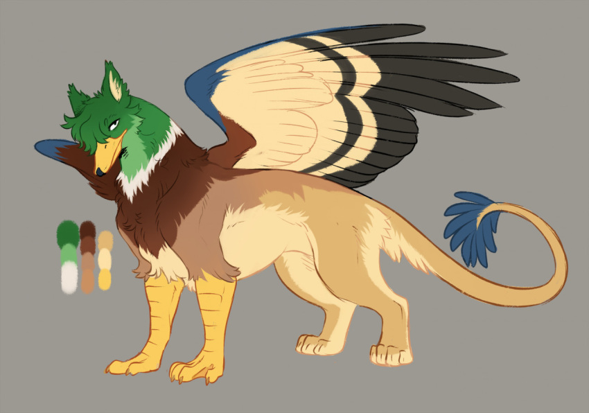 4_toes ambiguous_gender anatid anseriform avian bird brown_body brown_fur duck feet feral fur green_body green_fur green_hair grey_background gryphon hair hoot looking_at_viewer model_sheet mythological_avian mythology paws simple_background solo toes