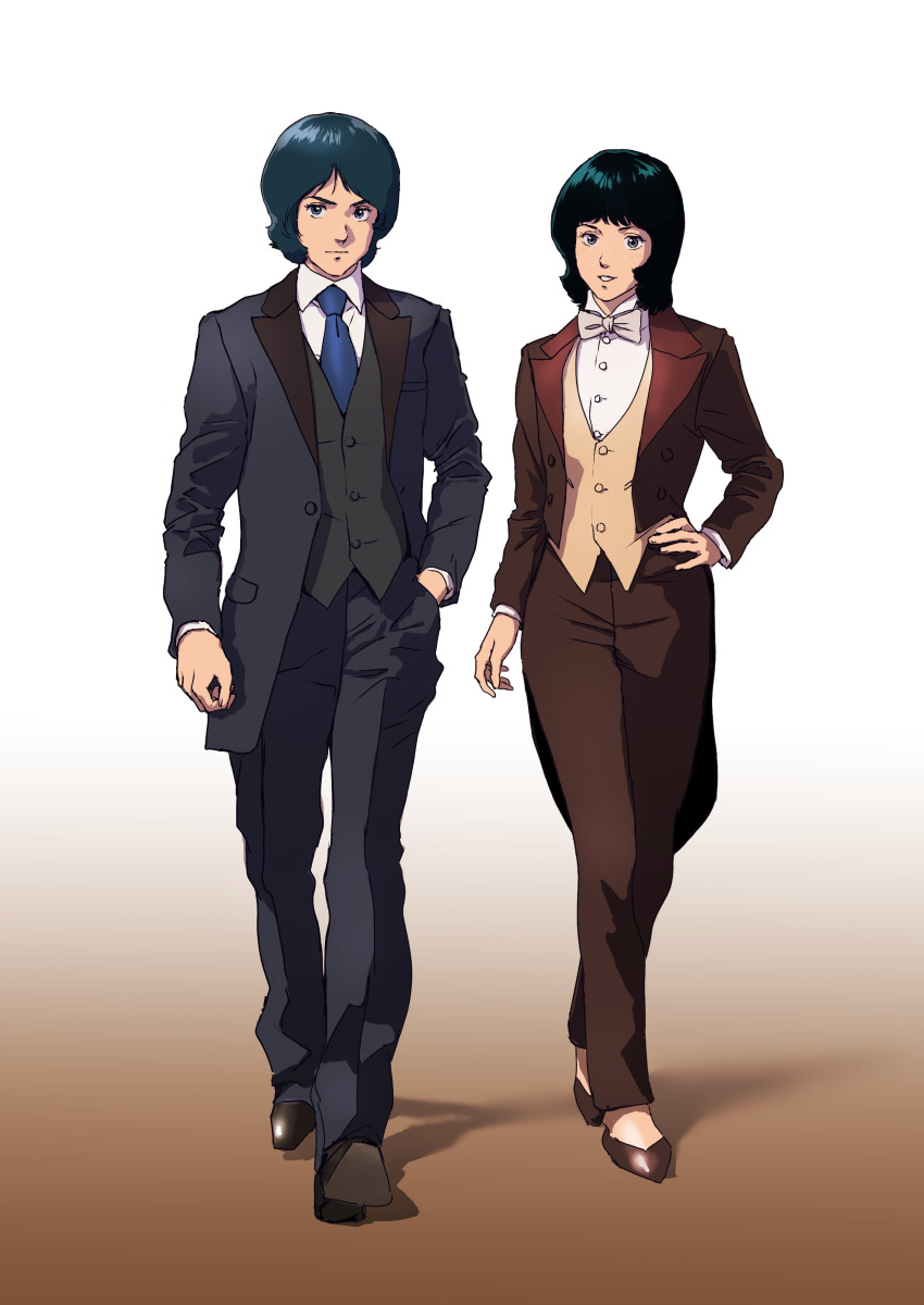 1boy 1girl absurdres beige_vest black_footwear black_hair black_jacket black_pants blue_hair brown_footwear brown_jacket brown_pants fa_yuiry formal grey_vest gundam hand_in_pocket high_heels highres jacket kamille_bidan looking_at_viewer medium_hair pants parted_lips smile suit suit_jacket teikoku_jokyoku vest walking zeta_gundam