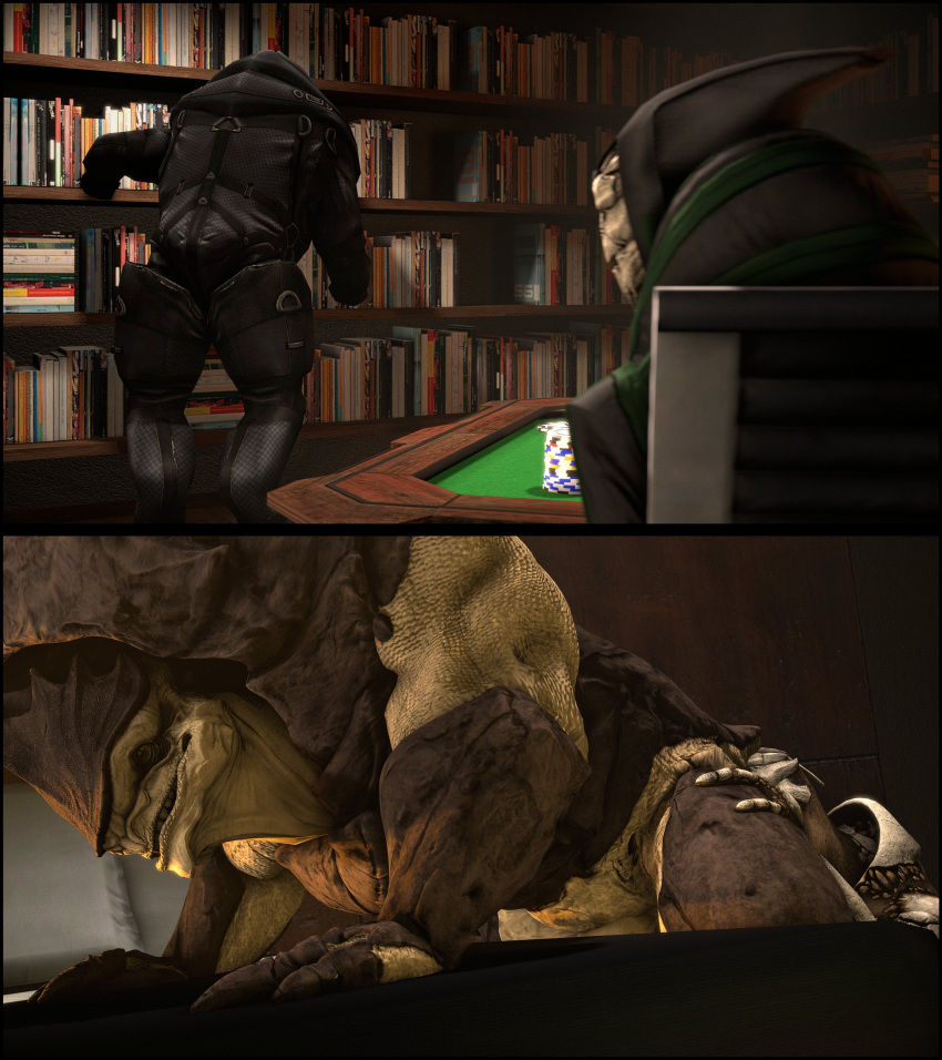 3d_(artwork) absurd_res alien anal bed bookshelf butt butt_shot cheap-wazoo clothing digital_media_(artwork) duo erection furniture genitals hi_res hip_grab interspecies krogan leaning leaning_forward looking_pleasured male male/male male_penetrated male_penetrating male_penetrating_male mass_effect multiple_images muscular muscular_male nude on_bed oral penetration penis rimming sex size_difference small_dom_big_sub source_filmmaker turian video_games xenophilia