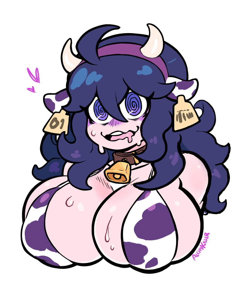 1girl @_@ absurdres ahoge alchykiller alternate_breast_size animal_ear_headwear animal_ears animal_print artist_name bangs bell bikini breasts commentary cow_ears cow_print ear_tag english_commentary hair_between_eyes hairband hex_maniac_(pokemon) highres horned_headwear large_breasts long_hair messy_hair neck_bell open_mouth pokemon pokemon_(game) pokemon_xy purple_eyes purple_hair purple_hairband simple_background solo swimsuit wavy_mouth white_background