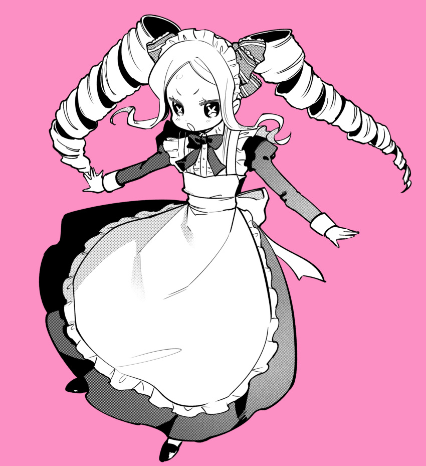 1girl :o absurdres alternate_costume apron beatrice_(re:zero) blush bow bowtie commentary_request dress drill_hair enmaided eyelashes floating_hair full_body hair_ribbon highres long_sleeves maid nenene_mura open_mouth outstretched_arms pink_background re:zero_kara_hajimeru_isekai_seikatsu ribbon shoes sidelocks simple_background solo symbol-shaped_pupils twin_drills twintails