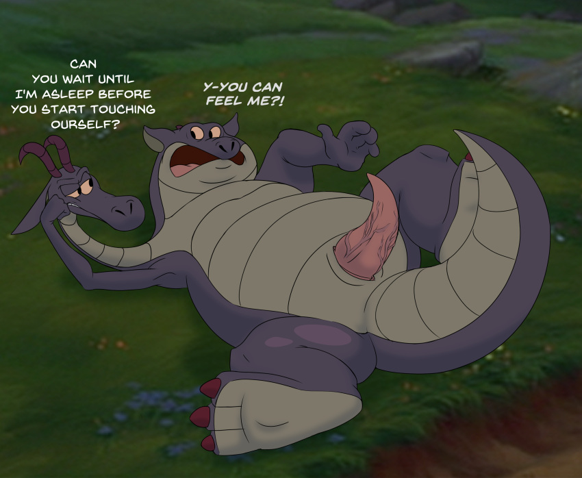 2_heads absurd_res annoyed_expression anthro big_tail black_pupils bob-jiggles cornwall_(quest_for_camelot) devon_(quest_for_camelot) dialogue dragon duo edited_background edited_screencap english_text erection feet genitals hand_on_face hi_res hindpaw horn hydra_problems laying_on_grass laying_on_ground long_horn long_neck lying male male/male masturbation masturbation_denial multi_head on_back open_mouth paws penis pupils purple_body quest_for_camelot raised_tail red_eyes scales scalie shaded short_horn sibling spread_legs spreading surprised_expression text tongue vein veiny_penis warner_brothers