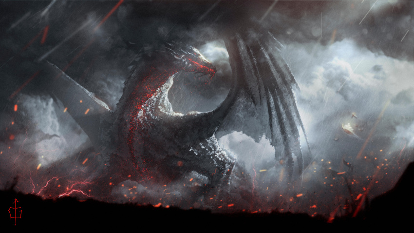 absurdres ancalagon ckgoksoy cloud cloudy_sky commentary dragon english_commentary giant giant_monster highres monster no_humans red_theme signature silmarillion sky