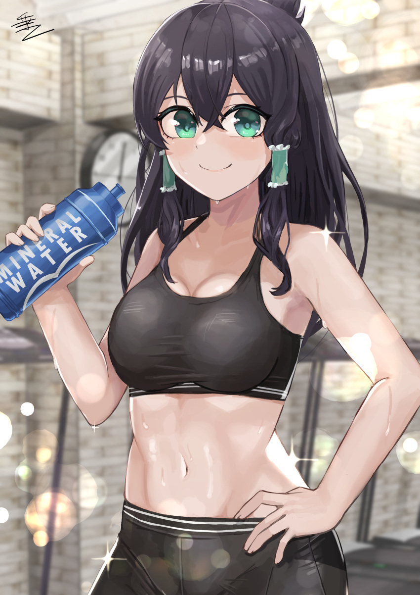 1girl absurdres aqua_eyes bangs bare_shoulders black_hair black_pants black_sports_bra blurry blurry_background blush bottle breasts cleavage clock closed_mouth collarbone commentary_request commission cowboy_shot crossed_bangs english_commentary eyebrows_behind_hair groin hair_between_eyes hair_tubes hand_on_hip highres holding holding_bottle indoors lens_flare long_hair looking_at_viewer medium_breasts midriff mixed-language_commentary navel original pants sidelocks signature skeb_commission smile solo sparkle sports_bra sportswear standing sweat tare_negima taut_clothes treadmill wall_clock water_bottle