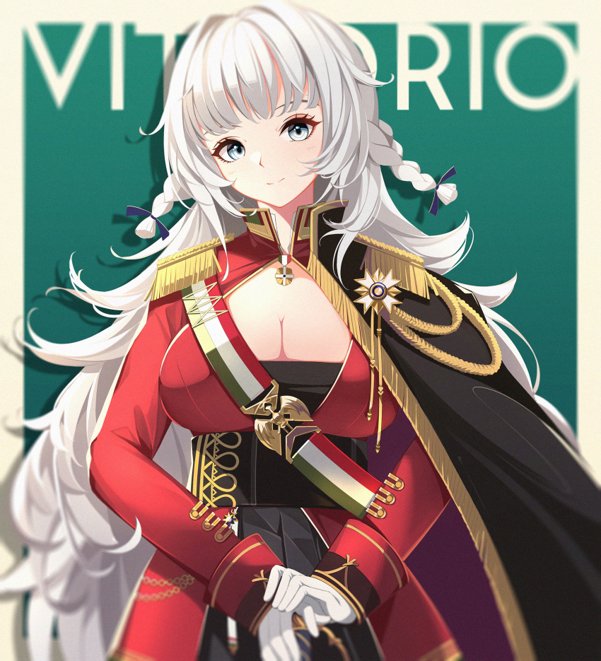 1girl absurdres azur_lane bangs black_skirt breasts cape cleavage closed_mouth dress grey_eyes grey_hair highres italian_flag looking_at_viewer medallion rabe26k red_dress simple_background skirt smile solo standing upper_body vittorio_veneto_(azur_lane)