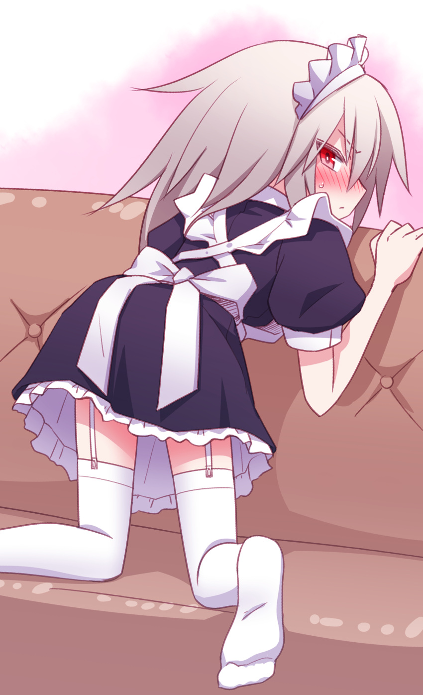 1girl alternate_costume blush commentary couch elena_trafalgar enmaided garter_straps highres ikune_juugo kneeling long_hair looking_back maid maid_headdress no_shoes original puffy_short_sleeves puffy_sleeves red_eyes short_sleeves silver_hair solo thighhighs white_legwear