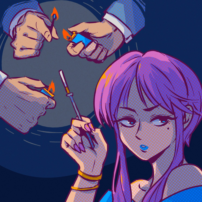 1girl akairiot blue_eyes blue_lips bracelet cigarette cigarette_holder fire halftone hand_up highres jewelry lighter long_hair mole mole_under_eye original purple_hair purple_nails solo upper_body