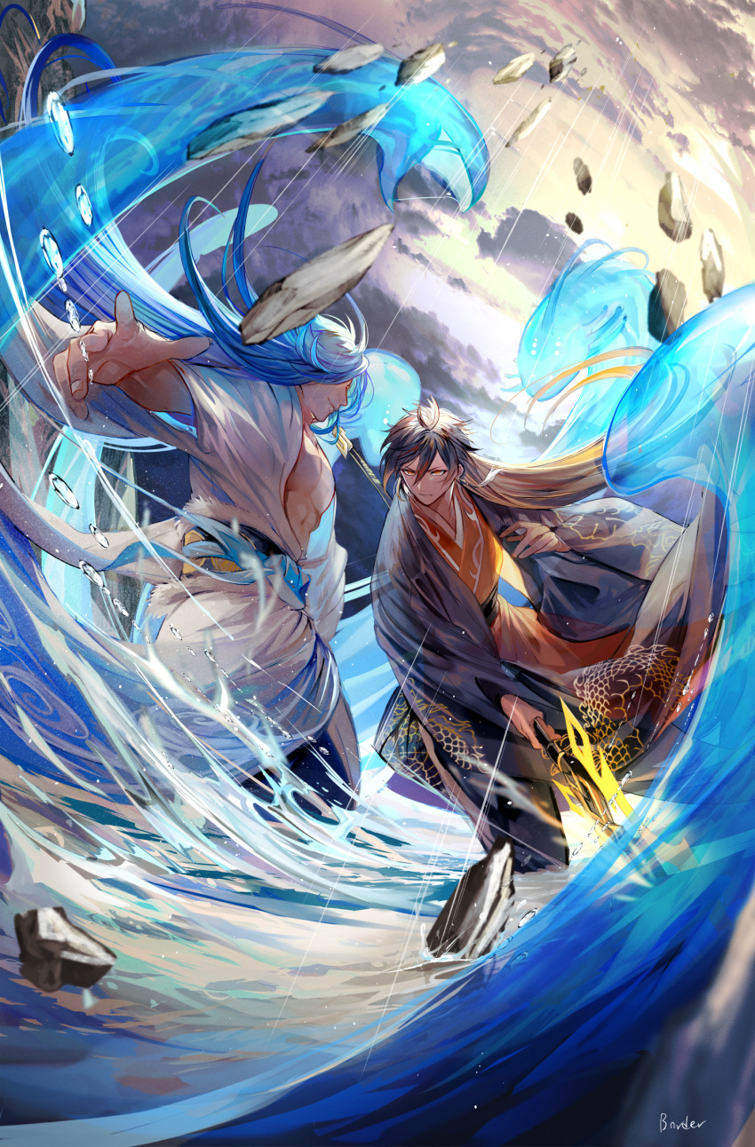 2boys bangs black_hair blue_hair blurry blurry_foreground border0715 brown_hair chinese_clothes closed_mouth cloud cloudy_sky commentary_request earrings falling falling_rock fighting fingernails fur fur_trim genshin_impact hair_between_eyes hanfu highres holding holding_polearm holding_spear holding_weapon humanization jacket jewelry long_hair long_sleeves male_focus monster multicolored_hair multiple_boys open_clothes osial_(genshin_impact) pectorals polearm rain rock signature single_earring sky smile spear tag tassel tassel_earrings water weapon yellow_eyes zhongli_(genshin_impact)