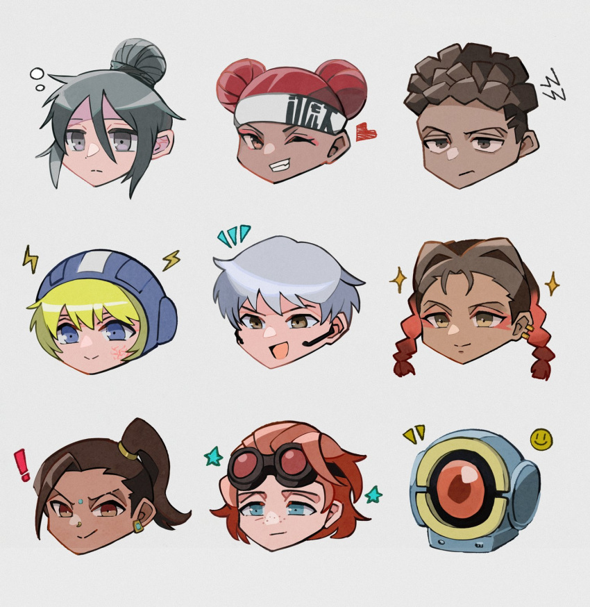 1boy 6+girls annoyed apex_legends bangalore_(apex_legends) black_hair blue_headwear braid brown_hair chibi dark_skin dark_skinned_female double_bun ear_piercing earrings eyeshadow facial_mark forehead_mark freckles goggles goggles_on_head gradient_hair grey_background grey_eyes grey_hair hair_behind_ear hair_bun head_only headset heart highres hood horizon_(apex_legends) jewelry lifeline_(apex_legends) loba_(apex_legends) makeup multicolored_hair multiple_girls one-eyed one_eye_closed orange_hair pathfinder_(apex_legends) piercing pink_hair rampart_(apex_legends) red_eyeshadow red_hair robot scar scar_on_cheek scar_on_face science_fiction short_hair side_ponytail smile sparkle stack_(sack_b7) surprised twin_braids undercut valkyrie_(apex_legends) wattson_(apex_legends) wraith_(apex_legends)