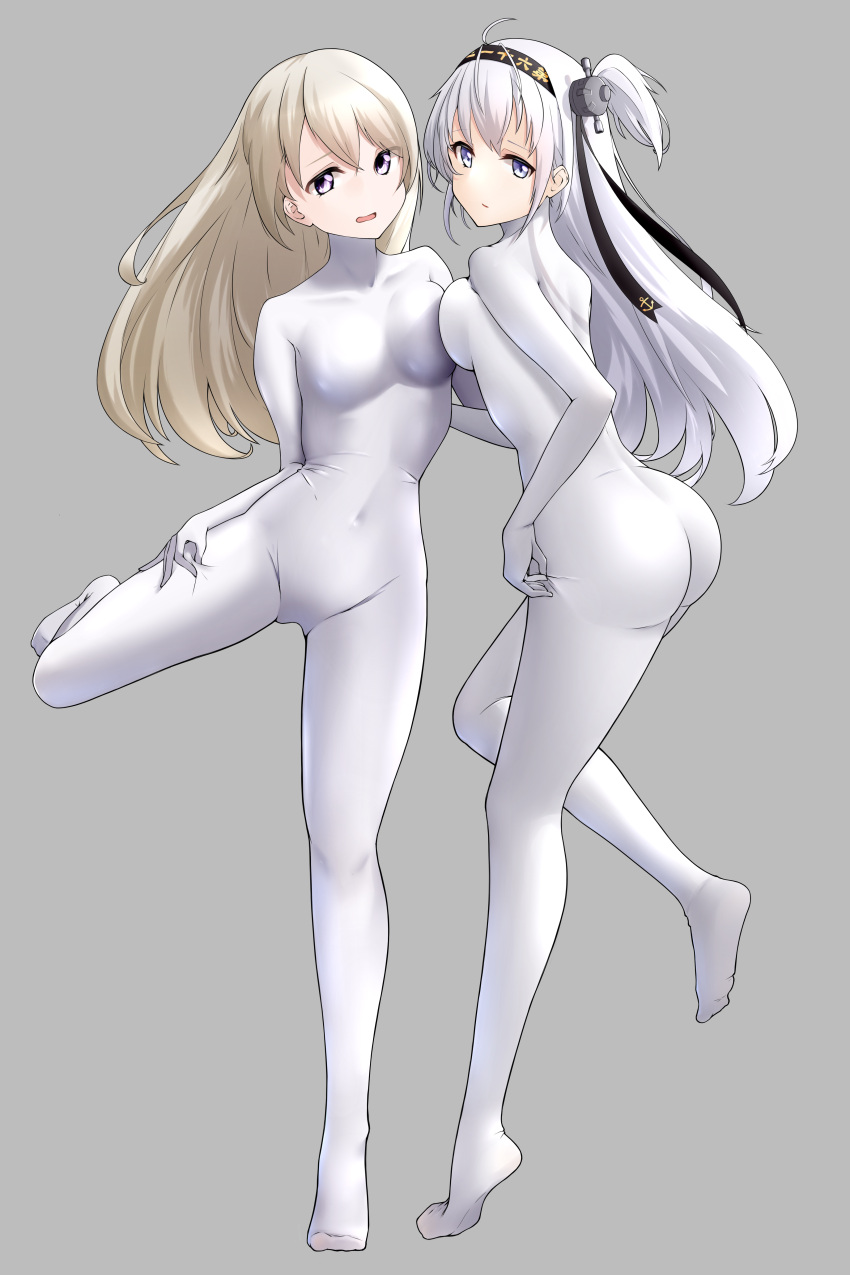 2girls absurdres blonde_hair blue_eyes bodystocking bodysuit collarbone commentary_request covered_navel crossover eila_ilmatar_juutilainen grey_background hairband hand_on_hip highres j.c.14 kantai_collection looking_at_viewer multiple_girls purple_eyes skin_tight strike_witches suzutsuki_(kancolle) tiptoes white_bodysuit white_hair world_witches_series zentai