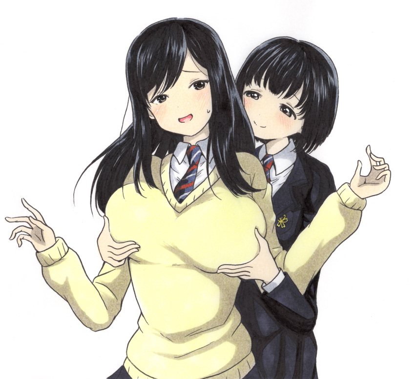 2girls absurdres ajikeneko black_hair breast_grab breasts grabbing grabbing_from_behind grey_eyes highres koguma_(super_cub) large_breasts light_blush long_hair multiple_girls naughty_face necktie open_mouth reiko_(super_cub) school_uniform short_hair simple_background skirt smile super_cub sweatdrop sweater traditional_media white_background yuri