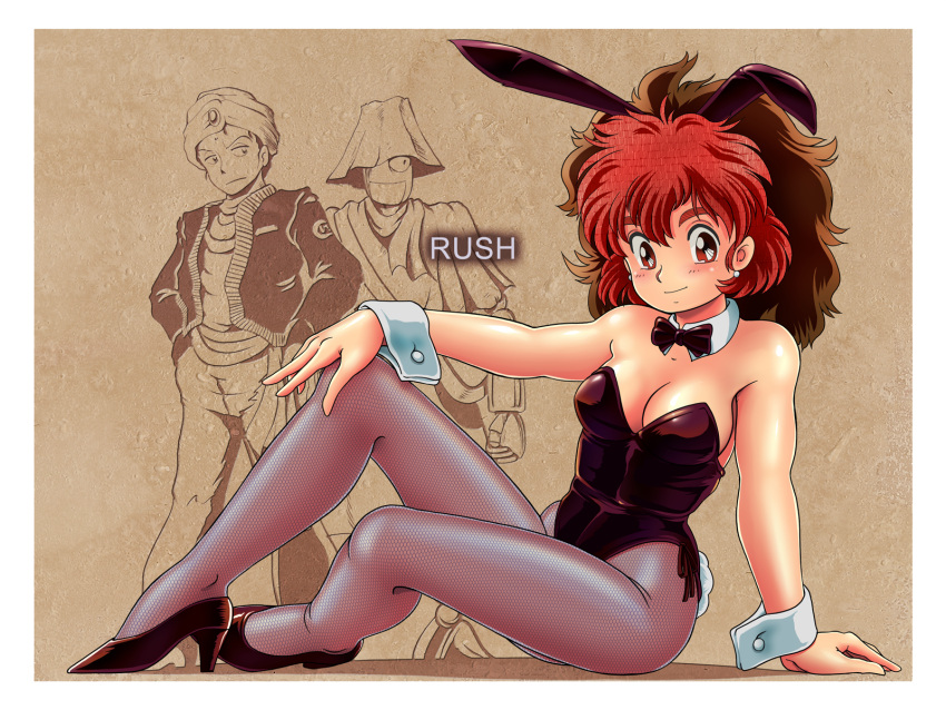 1girl 2boys alicia_(riot/rush) animal_ears arm_support bow bowtie brown_hair bunny_ears bunny_tail commentary_request copyright_name detached_collar highres mani_(riot/rush) multicolored_hair multiple_boys pantyhose parody partial_commentary playboy_bunny red_hair riot/rush shinda_mane_(style) short_hair smile style_parody tail tamanegiinyo tedesco_(riot/rush) two-tone_hair wrist_cuffs