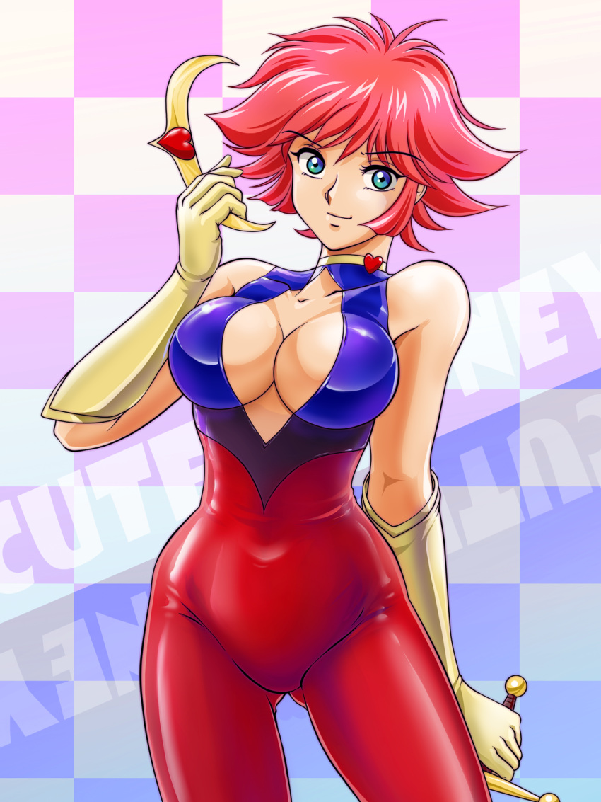 1girl blue_eyes bodysuit breasts choker cleavage closed_mouth commentary_request cutie_honey cutie_honey_(character) gloves groin halterneck heart highres large_breasts looking_at_viewer magical_girl red_hair retro_artstyle short_hair skin_tight smile solo sword tamanegiinyo weapon
