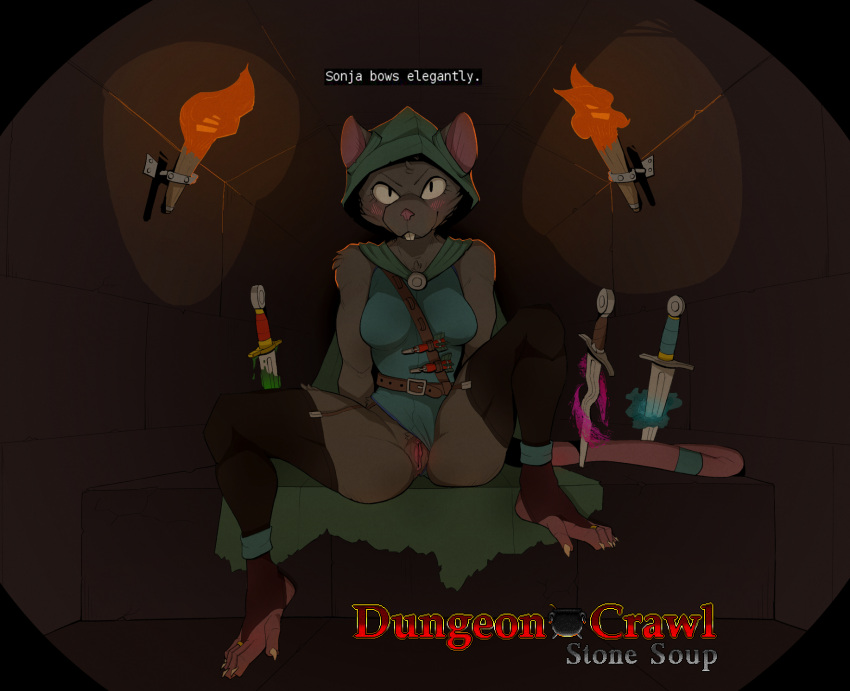 anthro blush breasts buckteeth cape claws clothed clothing clothing_aside dagger dart dungeon dungeon_crawl_stone_soup english_text female fur garter_belt garter_straps genitals gompami headgear hi_res hood inside legwear looking_at_viewer mammal melee_weapon mouse murid murine pussy rat rodent skinsuit solo sonja spread_legs spreading stockings teeth text thick_thighs thigh_highs tight_clothing torch video_games weapon