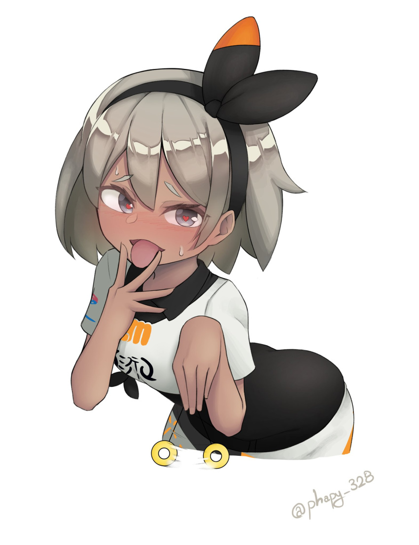 1girl artist_name bangs bea_(pokemon) black_bodysuit black_hairband blush bodysuit bodysuit_under_clothes bow_hairband breasts collared_shirt commentary_request dark_skin dark_skinned_female eyelashes grey_eyes grey_hair gym_leader hair_between_eyes hairband hapy_(parkhyunjae9494) heart heart-shaped_pupils highres holding_string motion_blur open_mouth pendulum pokemon pokemon_(game) pokemon_swsh print_shirt print_shorts raised_eyebrows shirt short_sleeves shorts simple_background solo sweat symbol-shaped_pupils tongue tongue_out white_background