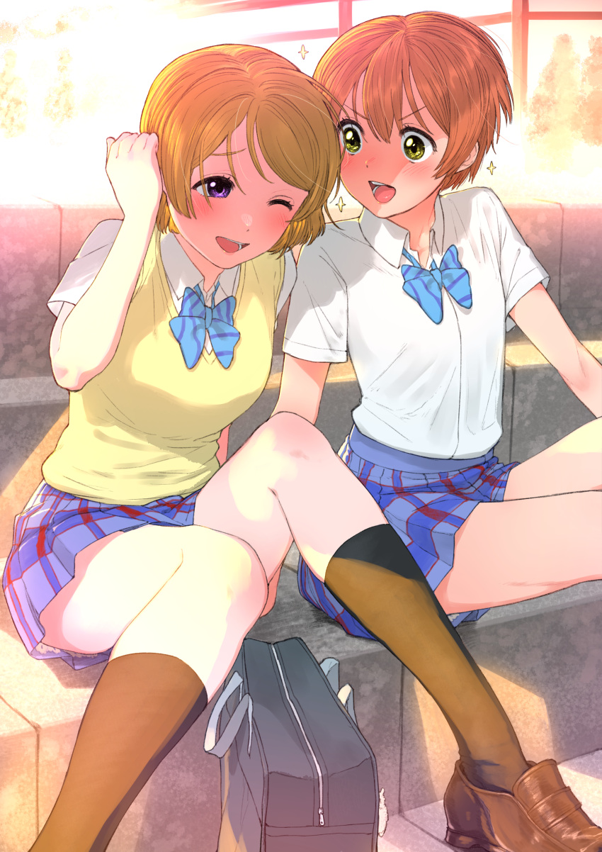 hoshizora_rin koizumi_hanayo love_live! seifuku skirt_lift sweater turbo_engine_(rakugaki_tabo)