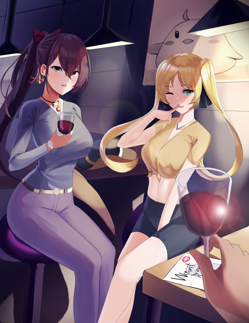 2girls ;d absurdres azur_lane bangs between_legs black_ribbon black_shorts blonde_hair blue_shirt blush breasts brown_hair cafe cameo casual collarbone commentary commission cowboy_hat cowboy_shot cup drinking_glass earrings eyebrows_visible_through_hair finger_to_mouth green_eyes grey_pants hair_between_eyes hair_ornament hair_ribbon hand_between_legs hat headwear_removed high_ponytail highres holding holding_cup hornet_(azur_lane) jewelry lamp large_breasts lens_flare long_hair long_sleeves looking_at_viewer manjuu_(azur_lane) manu_(pixiv41646715) midriff multiple_girls navel necklace one_eye_closed open_mouth outdoors pants ponytail poster_(object) pov pov_hands red_ribbon ribbon shirt shirt_tucked_in short_shorts short_sleeves shorts sidelocks sitting smile stool table tied_shirt twintails very_long_hair watch wine_glass wristwatch yellow_eyes yellow_shirt zuikaku_(azur_lane)