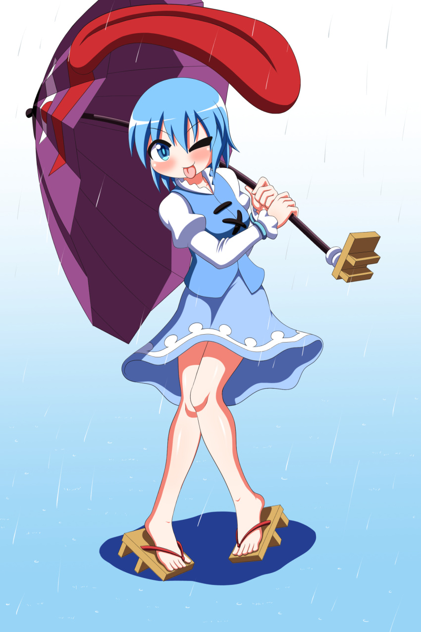 1girl absurdres blue_background blue_eyes blue_hair blue_skirt blue_vest full_body geta gradient gradient_background highres holding holding_umbrella juliet_sleeves karakasa_obake knees_together_feet_apart long_sleeves one_eye_closed puffy_sleeves purple_umbrella rain rakugaki-biyori short_hair skirt solo tatara_kogasa tongue tongue_out touhou umbrella vest