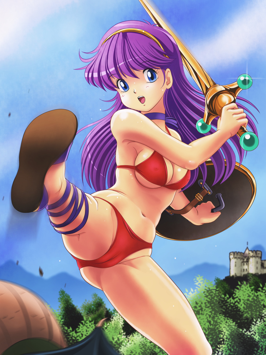 1girl ankle_lace-up athena_(series) bikini blue_eyes breasts cameltoe cleavage commentary_request cross-laced_footwear hairband highres kicking long_hair medium_breasts navel open_mouth partial_commentary princess_athena purple_hair red_bikini sandals shield shiny shiny_skin sideboob skindentation snk solo swimsuit sword tamanegiinyo underboob weapon