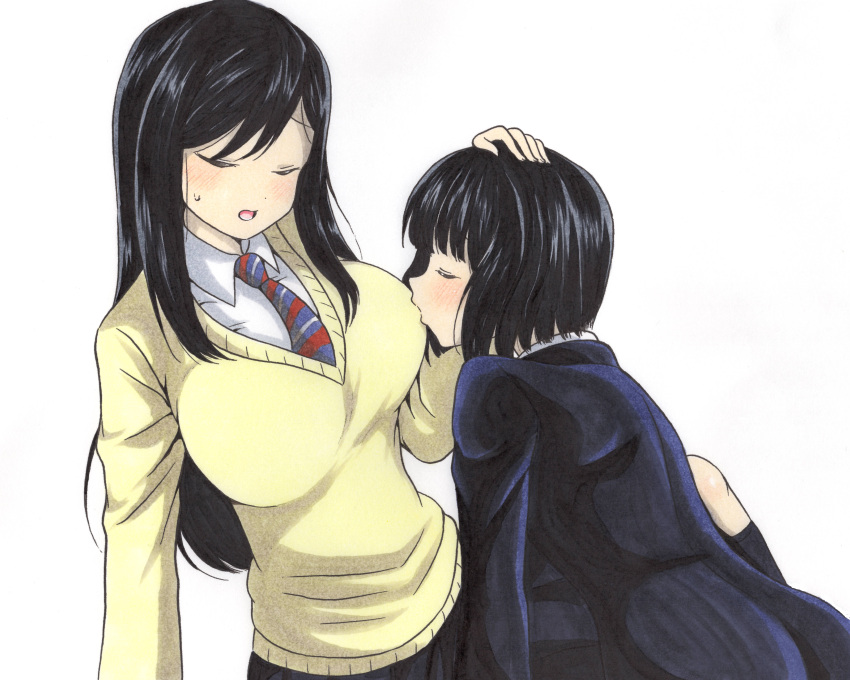 2girls absurdres ajikeneko black_hair breast_sucking breast_sucking_through_clothes breasts closed_eyes headpat highres koguma_(super_cub) large_breasts light_blush long_hair multiple_girls necktie open_mouth reiko_(super_cub) school_uniform short_hair simple_background skirt super_cub sweatdrop sweater traditional_media white_background yuri