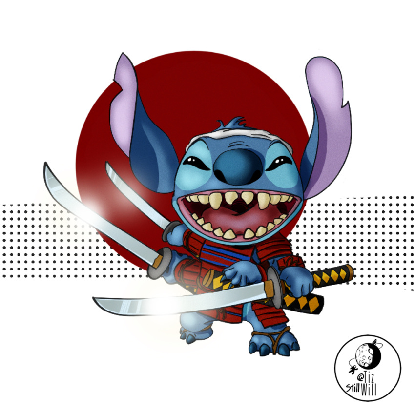 1:1 2020 4_arms 4_fingers 4_toes accessory alien armor blue_body blue_claws blue_fur blue_nose claws disney experiment_(lilo_and_stitch) feet fingers fur head_tuft headband holding_object holding_sword holding_weapon lilo_and_stitch looking_at_viewer male melee_weapon multi_arm multi_limb narrowed_eyes notched_ear open_mouth open_smile samurai simple_background smile solo squint stitch_(lilo_and_stitch) sword tizwill toe_claws toes tuft warrior weapon