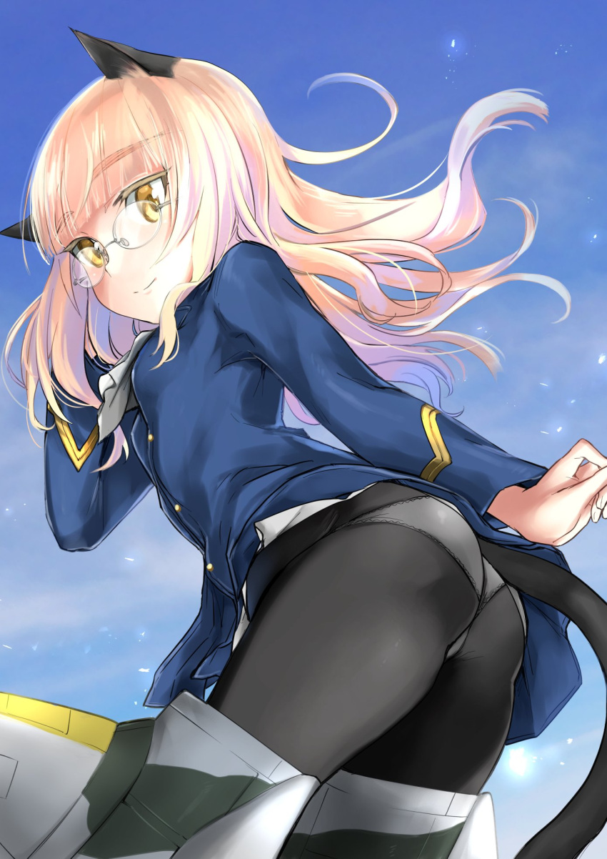 1girl animal_ears aohashi_ame ass black_legwear blonde_hair blush breasts cat_ears cat_tail closed_mouth eyebrows_visible_through_hair glasses highres long_hair looking_at_viewer looking_back military military_uniform panties panties_under_pantyhose pantyhose perrine_h._clostermann shiny shiny_hair sky small_breasts smile solo strike_witches tail underwear uniform white_panties world_witches_series yellow_eyes
