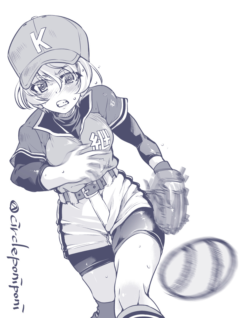 1girl absurdres bangs baseball_cap baseball_mitt belt bike_shorts bike_shorts_under_shorts commentary_request frown girls_und_panzer greyscale grimace hat highres inoue_yoshihisa long_sleeves looking_at_viewer monochrome motion_blur partial_commentary shirt short_hair short_over_long_sleeves short_sleeves shorts socks softball softball_uniform solo sportswear standing sweat thigh_gap twitter_username youko_(girls_und_panzer)