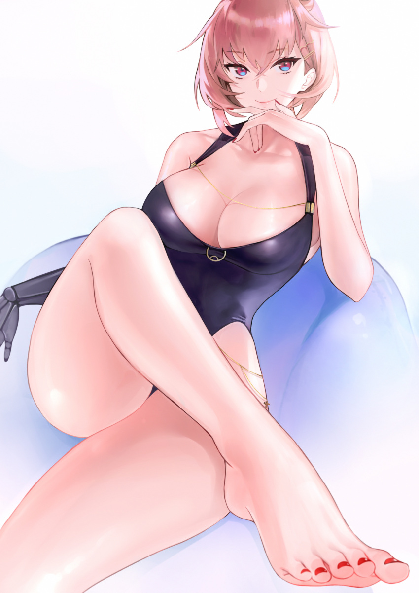 1girl absurdres azur_lane bangs bare_shoulders black_swimsuit breasts cl_(summer_sama) cleavage closed_mouth crossed_legs duca_degli_abruzzi_(azur_lane) duca_degli_abruzzi_(lustrous_onyx_sirenetta)_(azur_lane) eyebrows_visible_through_hair feet finger_to_own_chin highres inflatable_chair large_breasts legs mechanical_arms official_alternate_costume one-piece_swimsuit pink_hair prosthesis prosthetic_arm prosthetic_hand red_eyes red_nails short_hair single_mechanical_arm sitting smile swimsuit toes