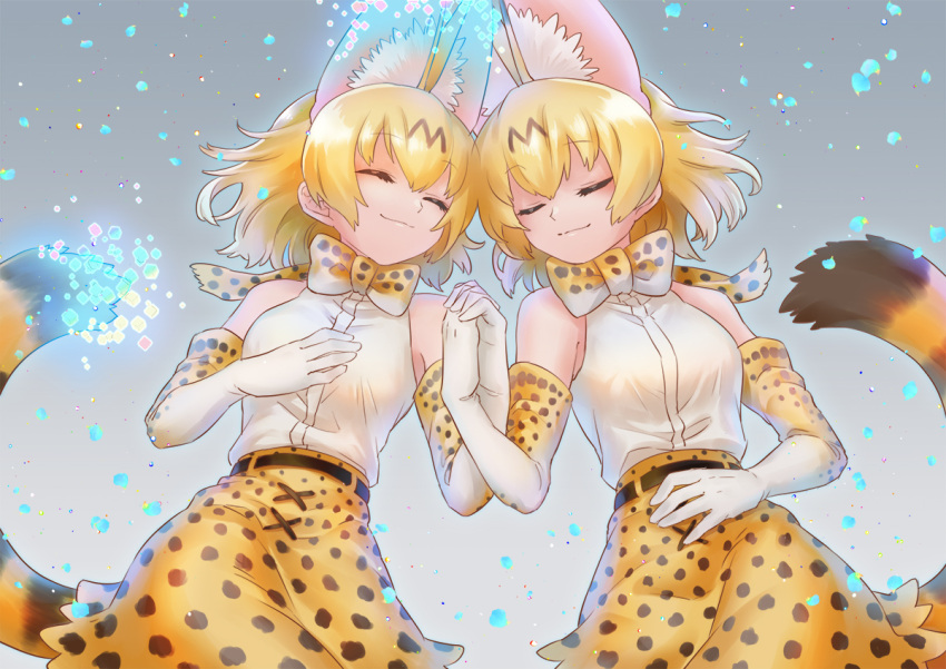 2girls animal_ears bangs belt black_belt blonde_hair bow bowtie closed_eyes closed_mouth commentary dual_persona elbow_gloves eyebrows_visible_through_hair from_above gloves high-waist_skirt holding_hands interlocked_fingers inukoro_(spa) kemono_friends light_particles lying miniskirt multiple_girls on_back print_gloves print_neckwear print_skirt serval_(kemono_friends) serval_ears serval_print serval_tail shirt short_hair side-by-side skirt sleeping sleeveless sleeveless_shirt smile striped_tail tail white_shirt yellow_gloves yellow_neckwear yellow_skirt