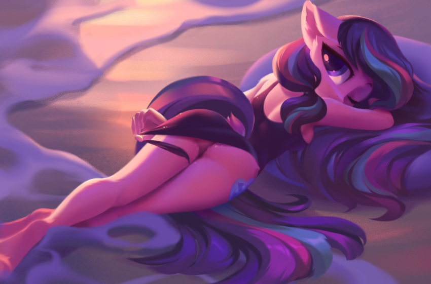 beach better_version_at_source breasts butt clothing clothing_aside crossed_legs earth_pony equid equine female floppy_ears fur hair hasbro hi_res horse inner_ear_fluff jumperkit long_hair looking_aside looking_at_viewer mammal my_little_pony one-piece_swimsuit pink_body pink_fur pony presenting scenery seaside serenity_pond side_boob small_butt solo sunrise swimwear swimwear_aside tuft undressing wave
