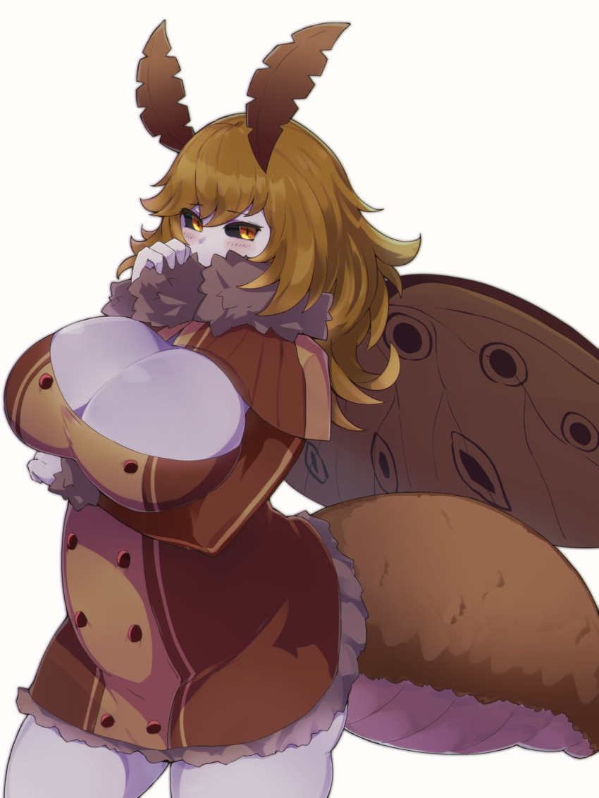 1girl antennae arthropod_girl black_sclera blonde_hair blush breasts carapace cleavage colored_sclera commission covered_mouth dress fur_collar highres huge_breasts insect_wings long_hair looking_at_viewer monster_girl moth_girl original simple_background skeb_commission solo standing white_background wings yellow_eyes yonaga