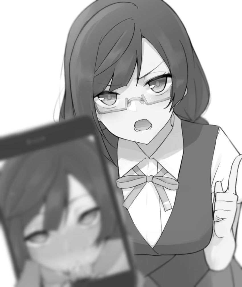 blurry blurry_foreground blush collared_shirt commission depth_of_field fellatio greyscale head_tilt highres index_finger_raised looking_at_viewer love_live! love_live!_nijigasaki_high_school_idol_club monochrome nakagawa_nana nasuno_(nasuno42) neck_ribbon open_mouth oral phone_screen photo_(object) ribbon school_uniform semi-rimless_eyewear shirt simple_background skeb_commission under-rim_eyewear white_background wing_collar yuuki_setsuna_(love_live!)