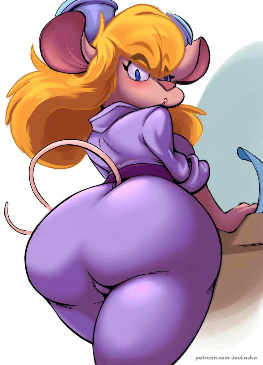 anthro big_butt blush butt chip_'n_dale_rescue_rangers disney eyewear female gadget_hackwrench goggles goggles_on_head hi_res joelasko looking_at_viewer low-angle_view mammal mouse murid murine rodent solo