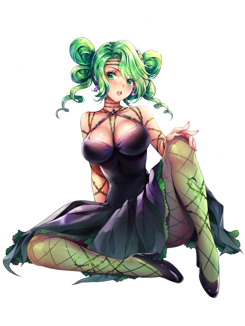 1girl bishoujo_senshi_sailor_moon bishoujo_senshi_sailor_moon_crystal breasts cleavage dark_green_hair dress earrings fishnet_legwear fishnets green_eyes highres jewelry large_breasts lebachqui126 solo tellu_(sailor_moon) thorns witches_5